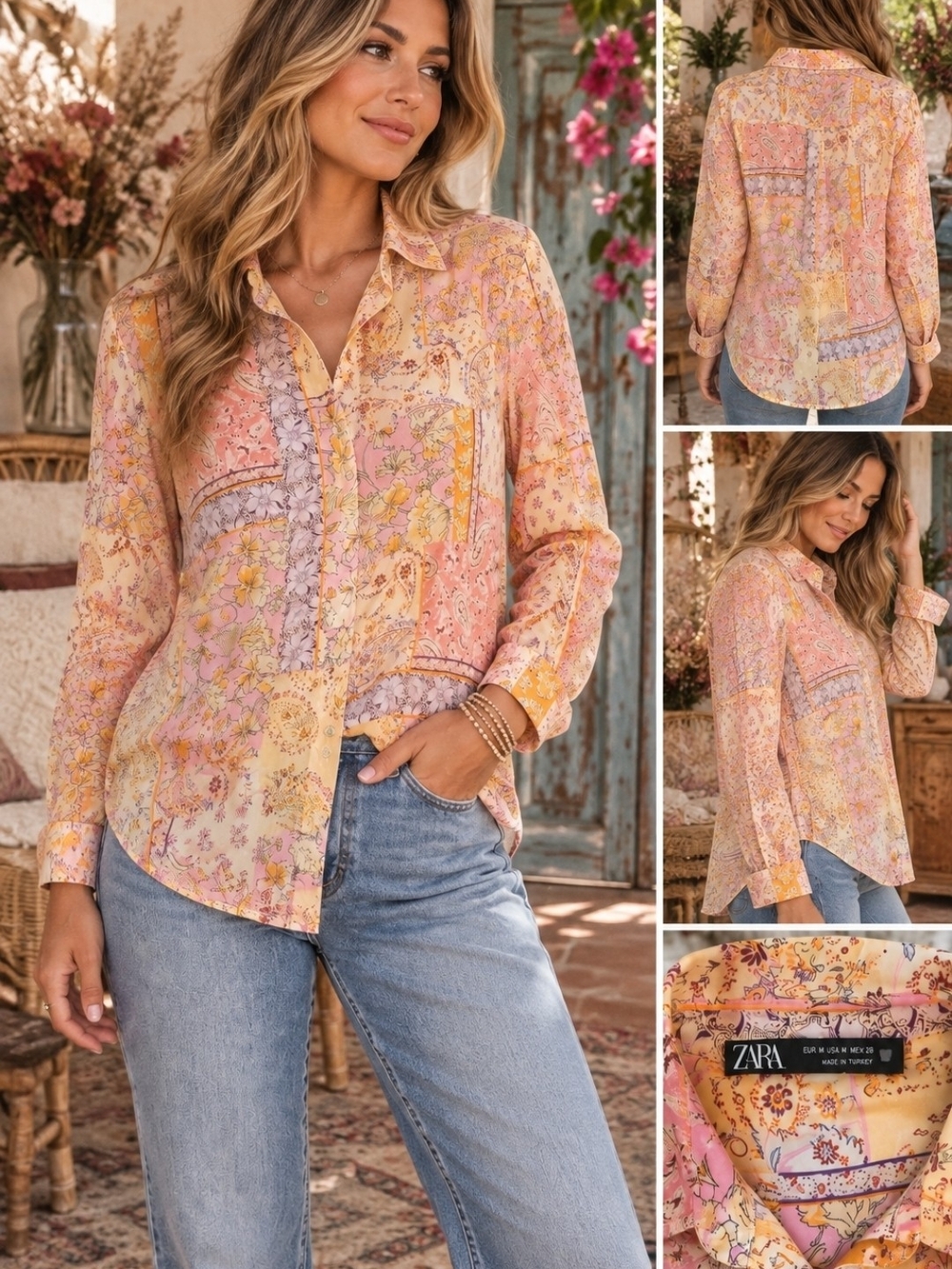 Cottagecore-Zara Patchwork Floral Paisley Long Sleeve Button Down Shirt Size M